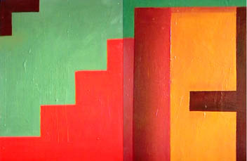 "Exits/Entrances Diptych 1,2" Acrylics and oils on board 76cm x 56cm x 2  (c) 2003 Megan O'Beirne