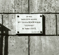 Plaque in Rue de l'Odeon commemorating publication by Sylvia Beach of 'Ulysses' 